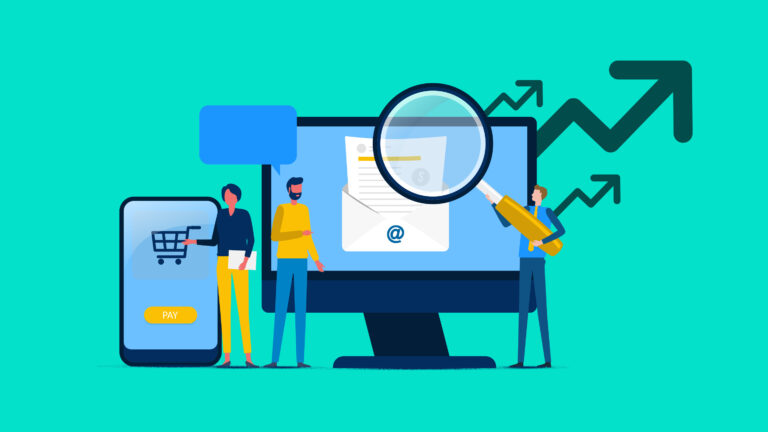 Illustration of sales reps standing in front of a computer monitor looking at channel activation plans with a magnifying glass.