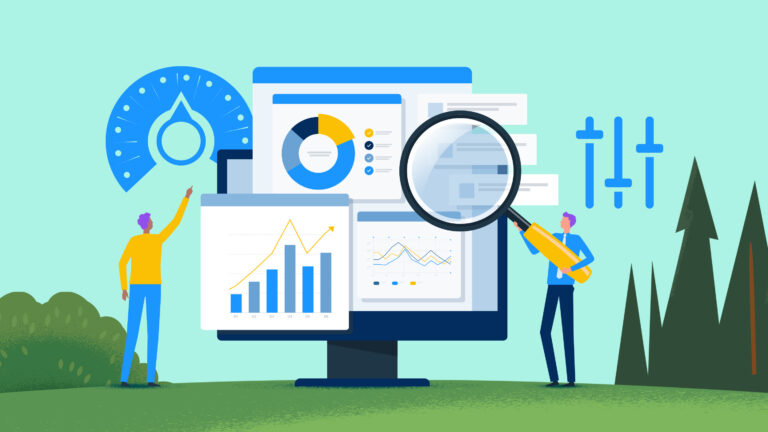 Illustration of two people looking at a computer monitor showing graphs of sales efficiency