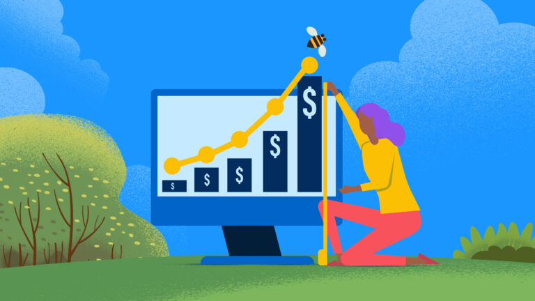 Illustration of a person sitting in front of a computer screen with bar charts representing sales tracking software