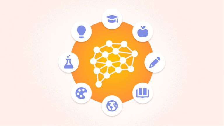 Graphic with AI symbol surrounded by education symbols.