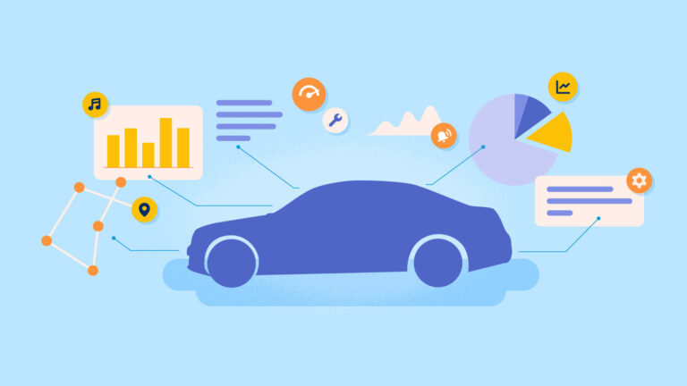 Illustration of a vehicle profile with icons representing various data points coming out of it, including charts, graphs, and alerts.