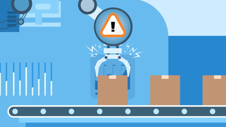 Illustration of a mechanical arm on a manufacturing line experiencing a service alert