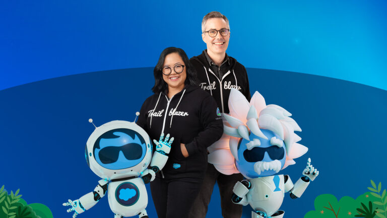 Salesforce agents standing with Salesforce characters together supporting Trailhead.