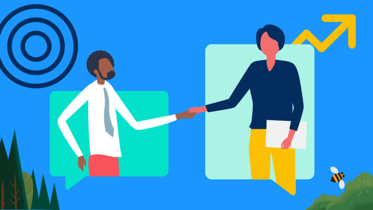 Sales Community: Two people shake hands in separate speech bubbles.