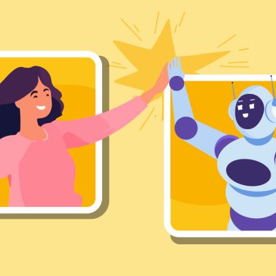 Illustration of a woman giving a high five to a robot / AI agents