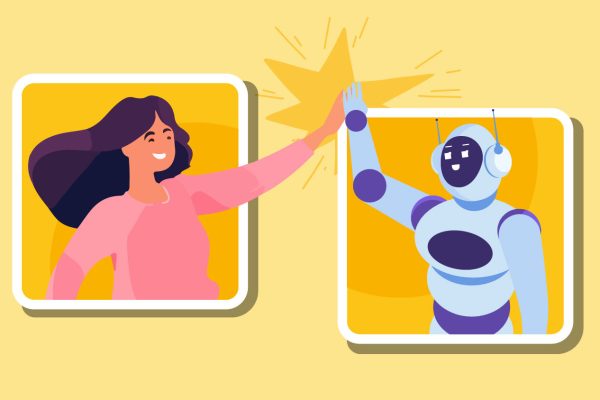 Illustration of a woman giving a high five to a robot / AI agents