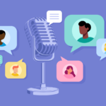 Podcaster’s microphone and images of people speaking in speech bubbles.