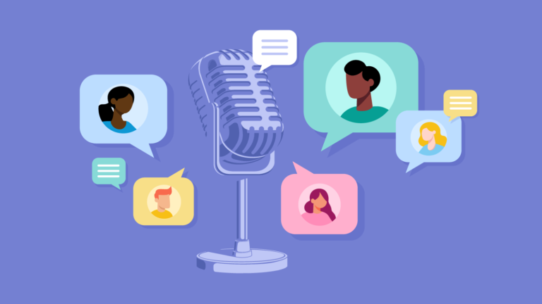 Podcaster’s microphone and images of people speaking in speech bubbles.