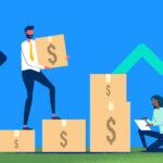 Illustration of sales people stacking boxes with $ on a blue background to represent ASC 606