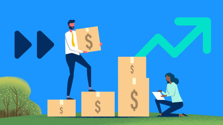 Illustration of sales people stacking boxes with $ on a blue background to represent ASC 606