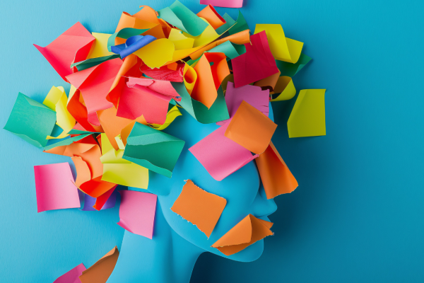 A side-profile illustration of a head covered with colorful sticky notes.