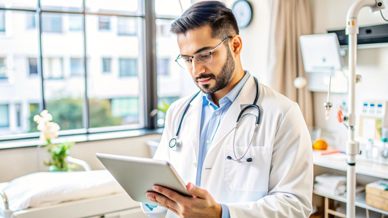 Doctor looking at notes in his office.