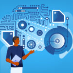 A person interacts with a complex set of machine parts that represent the Atlas Reasoning Engine.