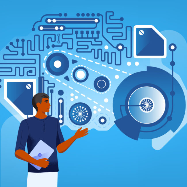 A person interacts with a complex set of machine parts that represent the Atlas Reasoning Engine.