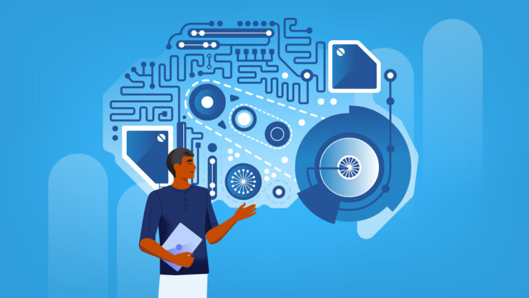 A person interacts with a complex set of machine parts that represent the Atlas Reasoning Engine.