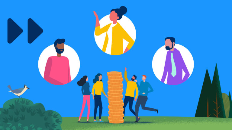 illustration of revenue ops team members in bubbles with a stack of coins