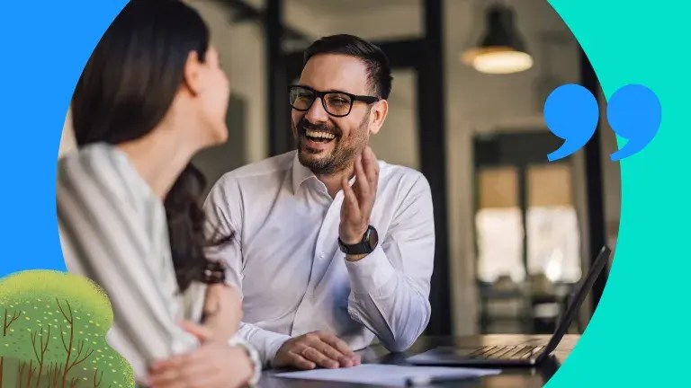 meddic sales: A man laughs and gestures while talking with a woman.