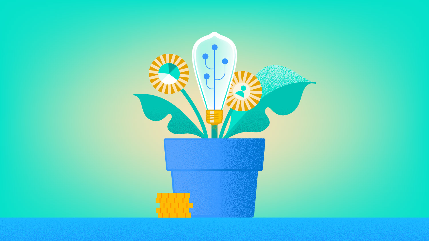 Illustration of a flower pot with a light bulb and marketing icons representing new ideas, fresh tips, and best practices.