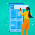 Illustration of a woman typing a phrase into a product search bar on an ecommerce site.