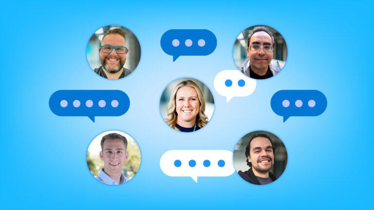 Illustration of five Trailblazer headshots on a blue background.