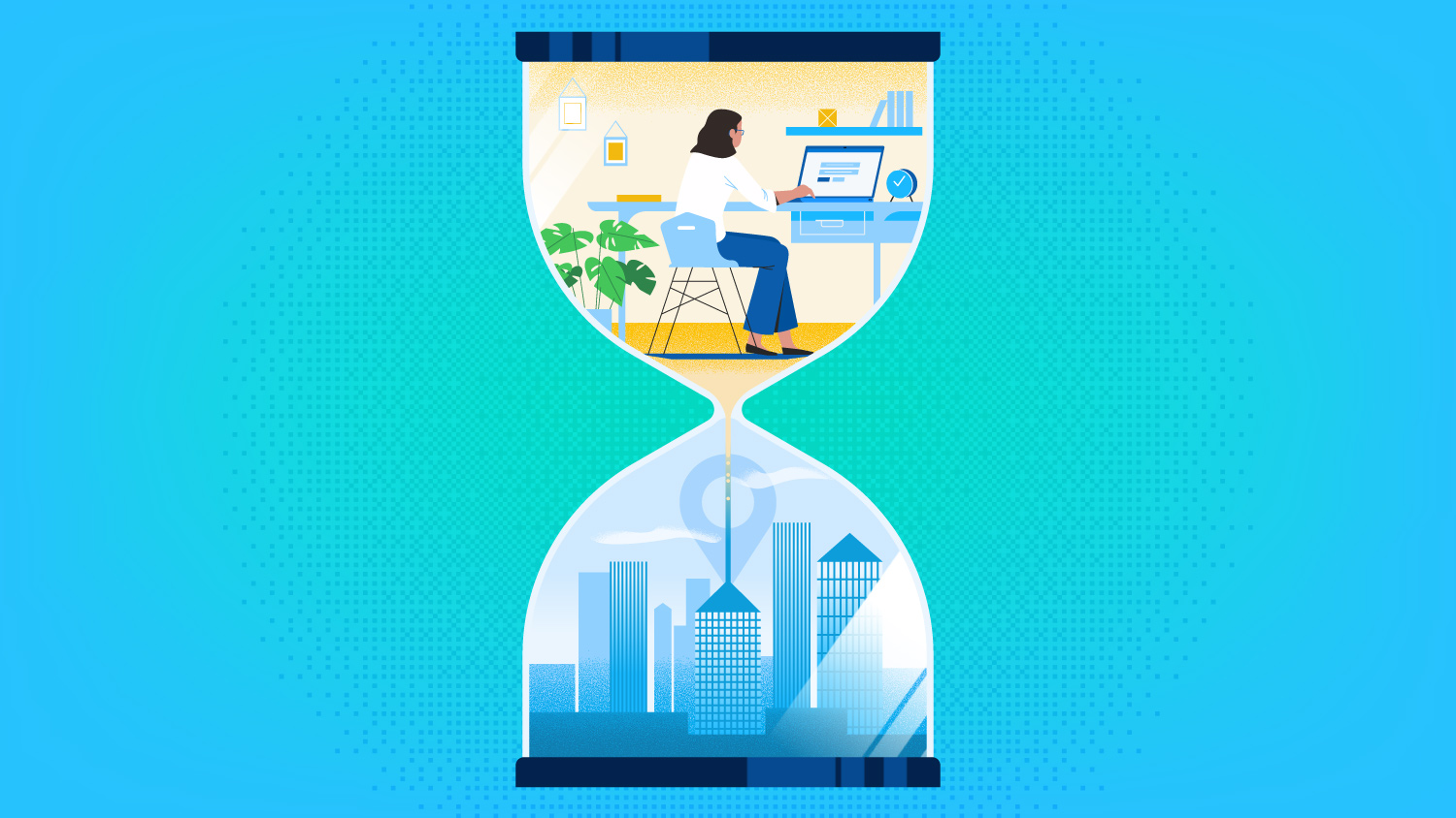 hourglass showing in-office and remote workers.