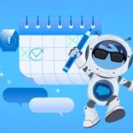 Illustration of a mascot representing Agentforce on a blue background with marketing elements and icons.