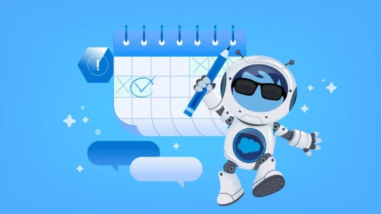 Illustration of a mascot representing Agentforce on a blue background with marketing elements and icons.