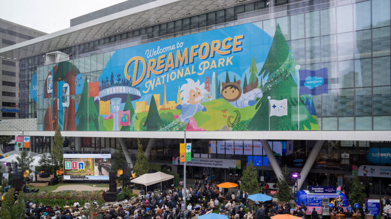 Image shows the Dreamforce banner at the Moscone Center.