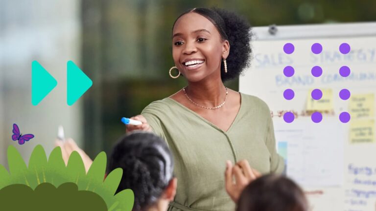 photo of a woman smiling and doing a sales presentation