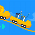 Illustration of salespeople on a roller coaster with dollar signs to represent sales acceleration.