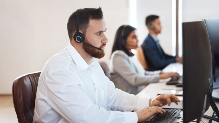 Customer service representatives take calls and answer questions.