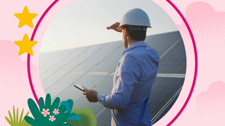 A mobile worker stands next to solar panels, shielding his eyes while looking toward the sun and a bright future.