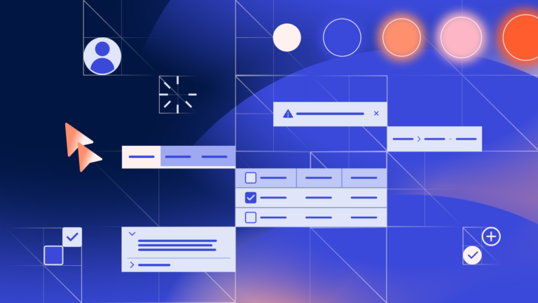 Illustration of SLDS 2 components on a gradient background of deep blues and purples.