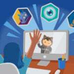 Illustration of a Trailblazer at her desk with her hands raised in celebration after completing an updated superbadge. Salesforce Superbadges on Trailhead are getting supercharged with some major updates