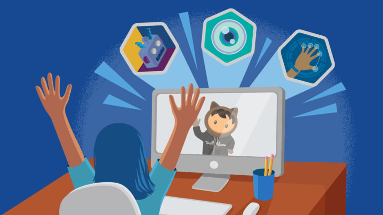 Illustration of a Trailblazer at her desk with her hands raised in celebration after completing an updated superbadge. Salesforce Superbadges on Trailhead are getting supercharged with some major updates