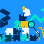 Illustration representing the Total Addressable Market. Puzzle pieces symbolizing market segments are being assembled to form a box, representing the total market size. A shopping cart and magnifying glass highlight market analysis, with an upward arrow signifying market growth potential.