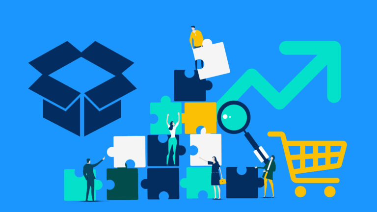 Illustration representing the Total Addressable Market. Puzzle pieces symbolizing market segments are being assembled to form a box, representing the total market size. A shopping cart and magnifying glass highlight market analysis, with an upward arrow signifying market growth potential.